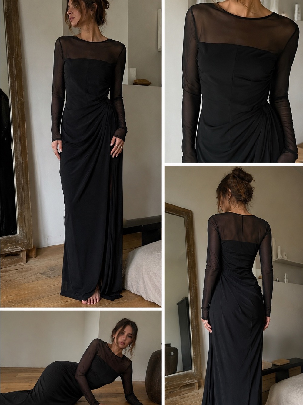 Ralph Lauren Elegant Black Mesh Long Sleeve Drape Evening Dress Size 4